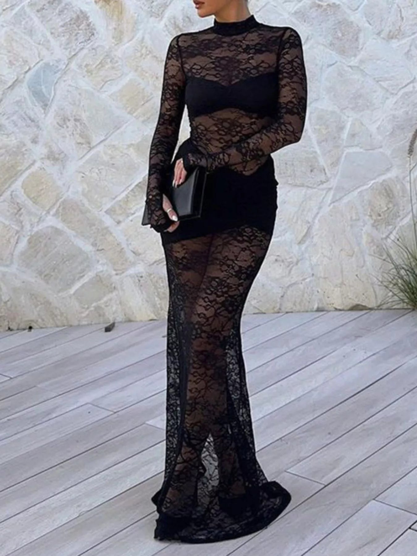 Lace Sheer Mock Neck Long Sleeve Maxi Dress - SuzRevera