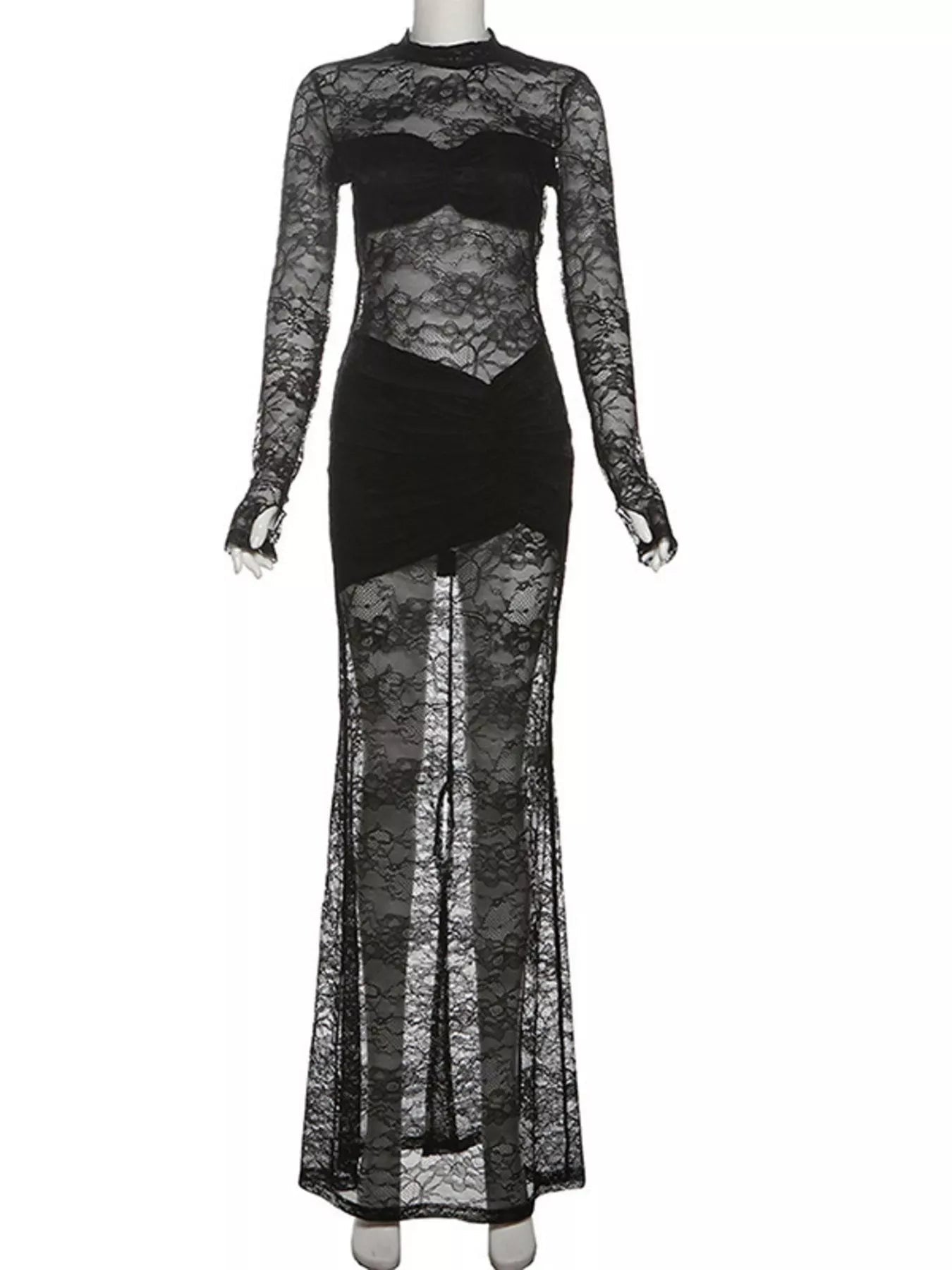 Lace Sheer Mock Neck Long Sleeve Maxi Dress - SuzRevera