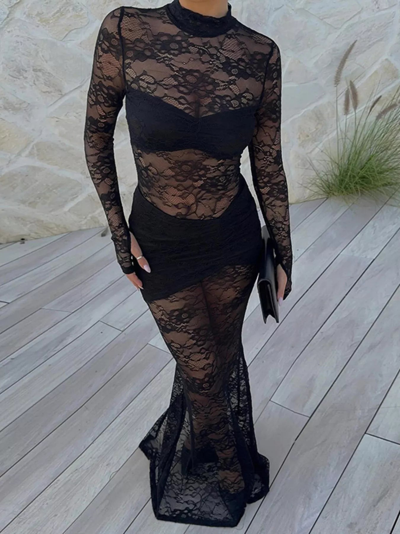 Lace Sheer Mock Neck Long Sleeve Maxi Dress - SuzRevera