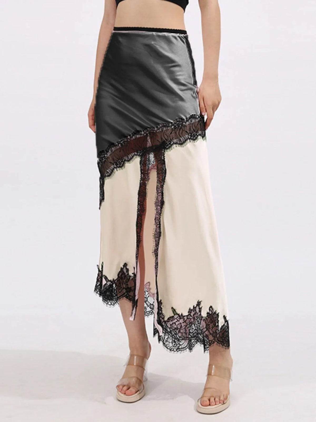 Lace Trim Asymmetrical Midi Skirt - SuzRevera