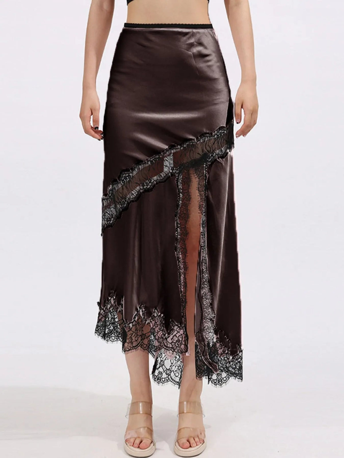 Lace Trim Asymmetrical Midi Skirt - SuzRevera