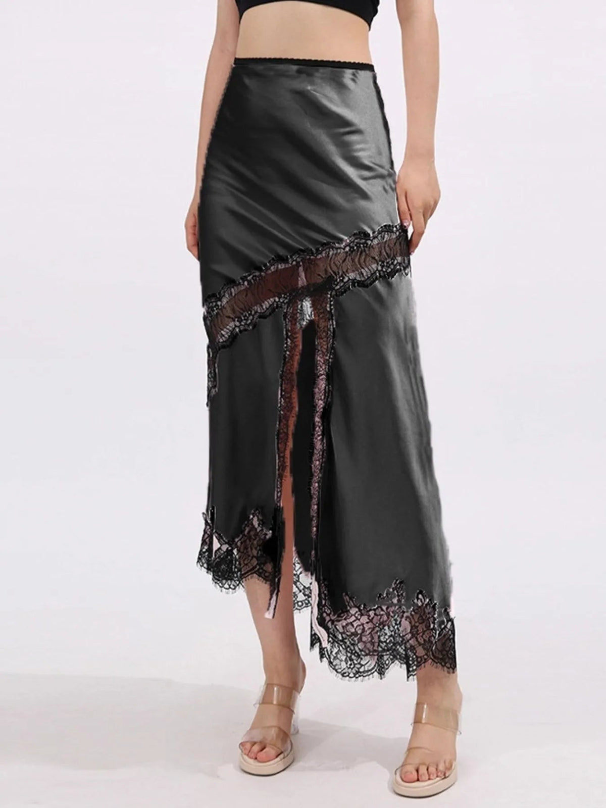 Lace Trim Asymmetrical Midi Skirt - SuzRevera