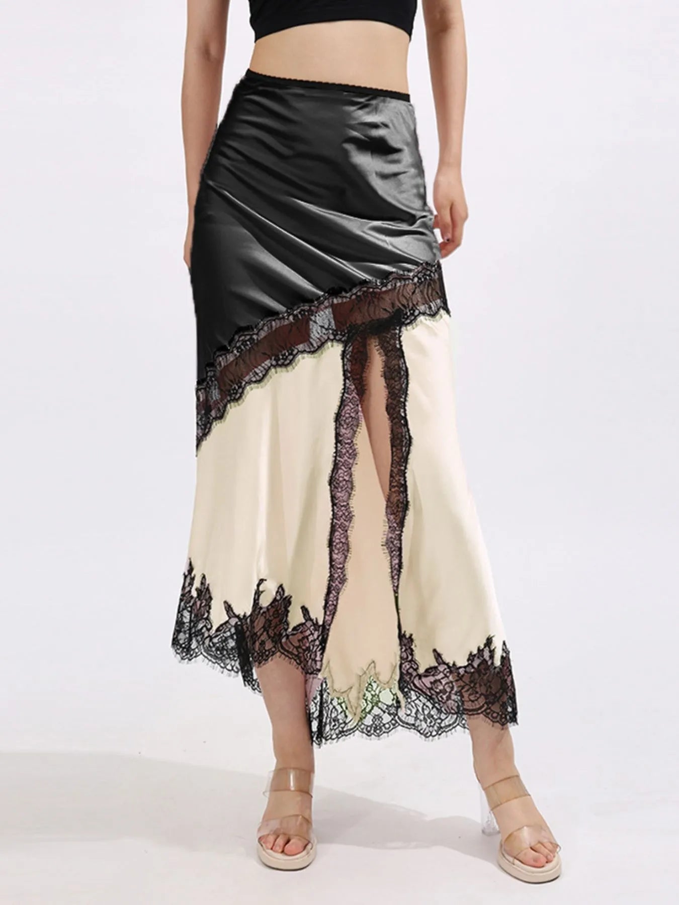 Lace Trim Asymmetrical Midi Skirt - SuzRevera