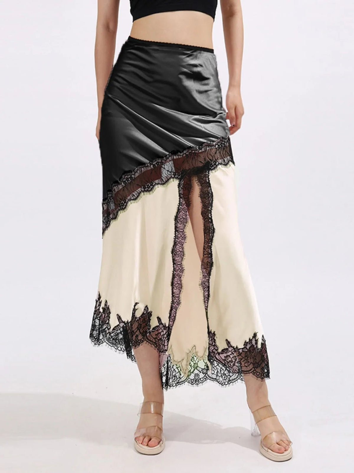 Lace Trim Asymmetrical Midi Skirt - SuzRevera