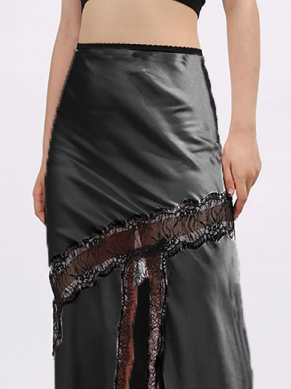 Lace Trim Asymmetrical Midi Skirt - SuzRevera