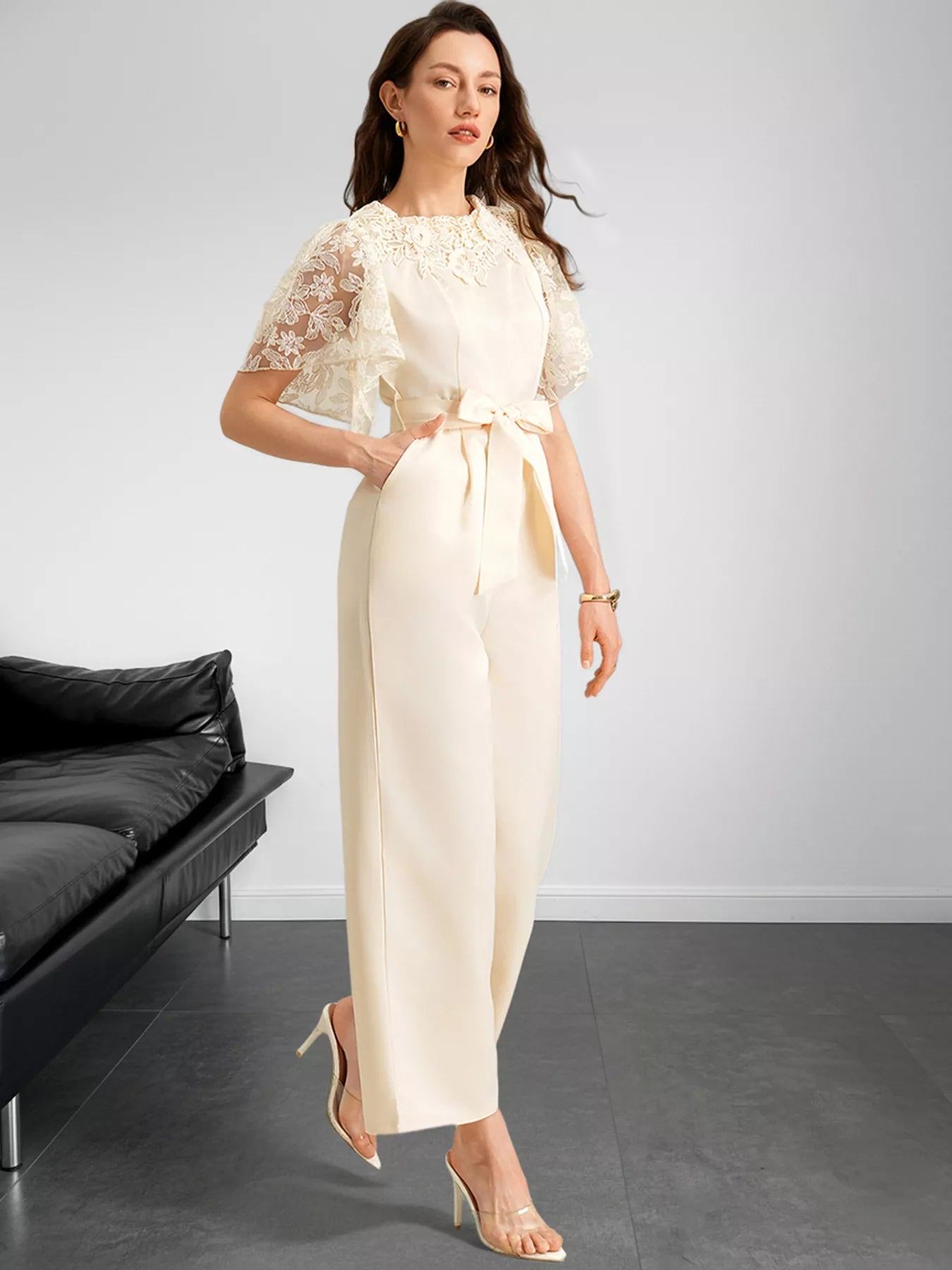 Lace Trim Belted Wide Leg Jumpsuit - SuzRevera