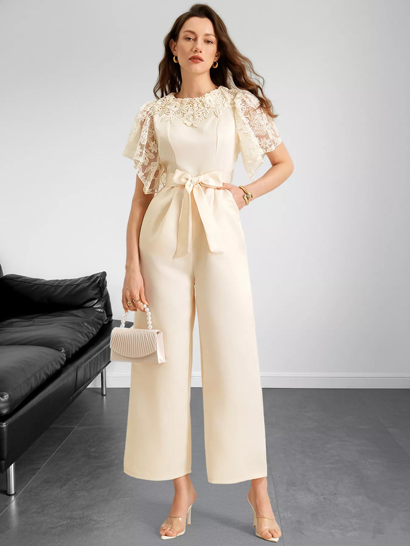 Lace Trim Belted Wide Leg Jumpsuit - SuzRevera