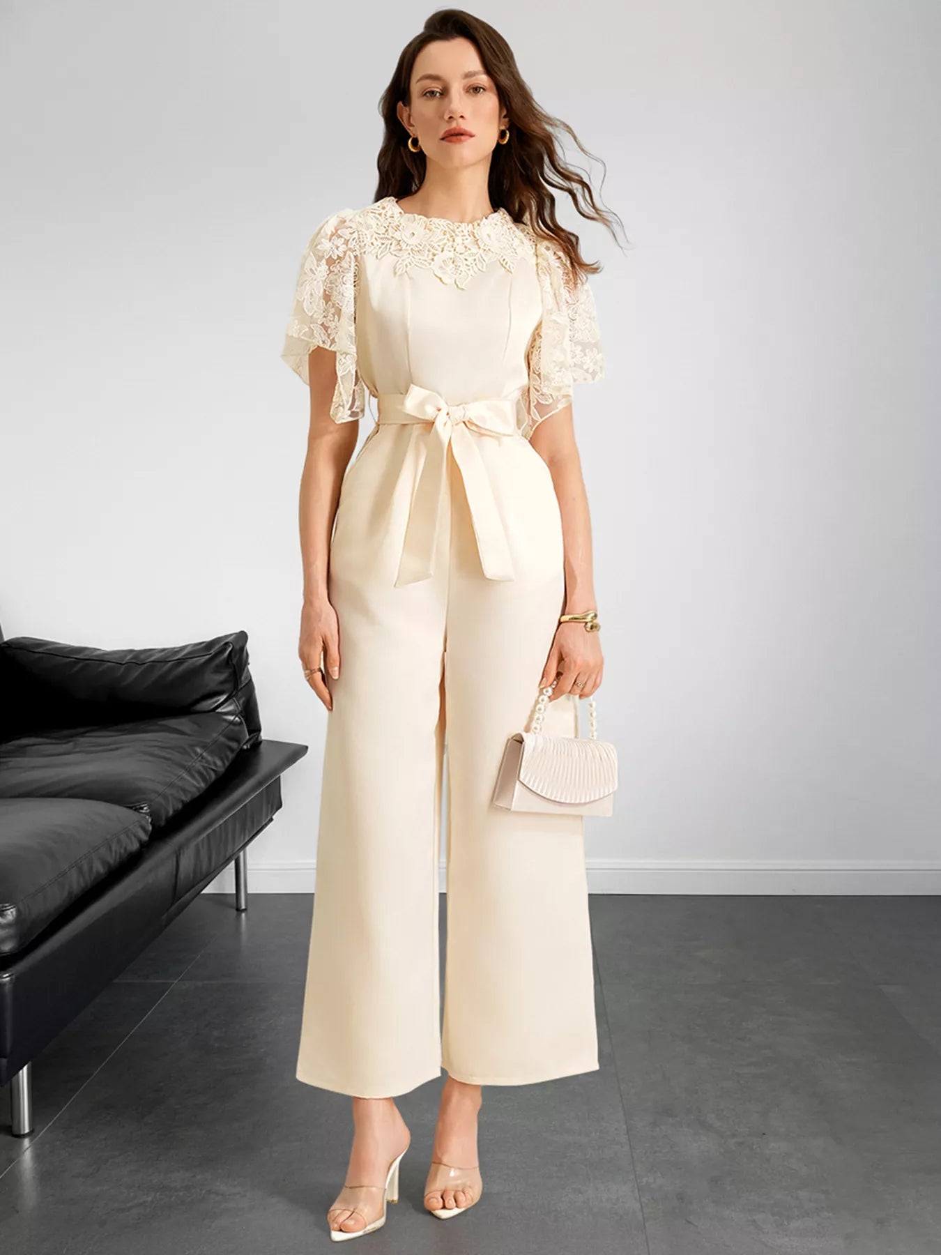 Lace Trim Belted Wide Leg Jumpsuit - SuzRevera