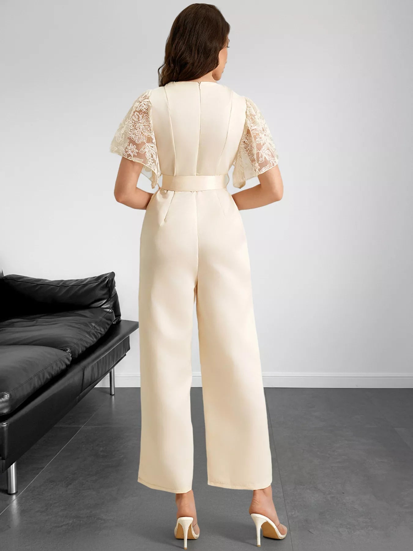 Lace Trim Belted Wide Leg Jumpsuit - SuzRevera