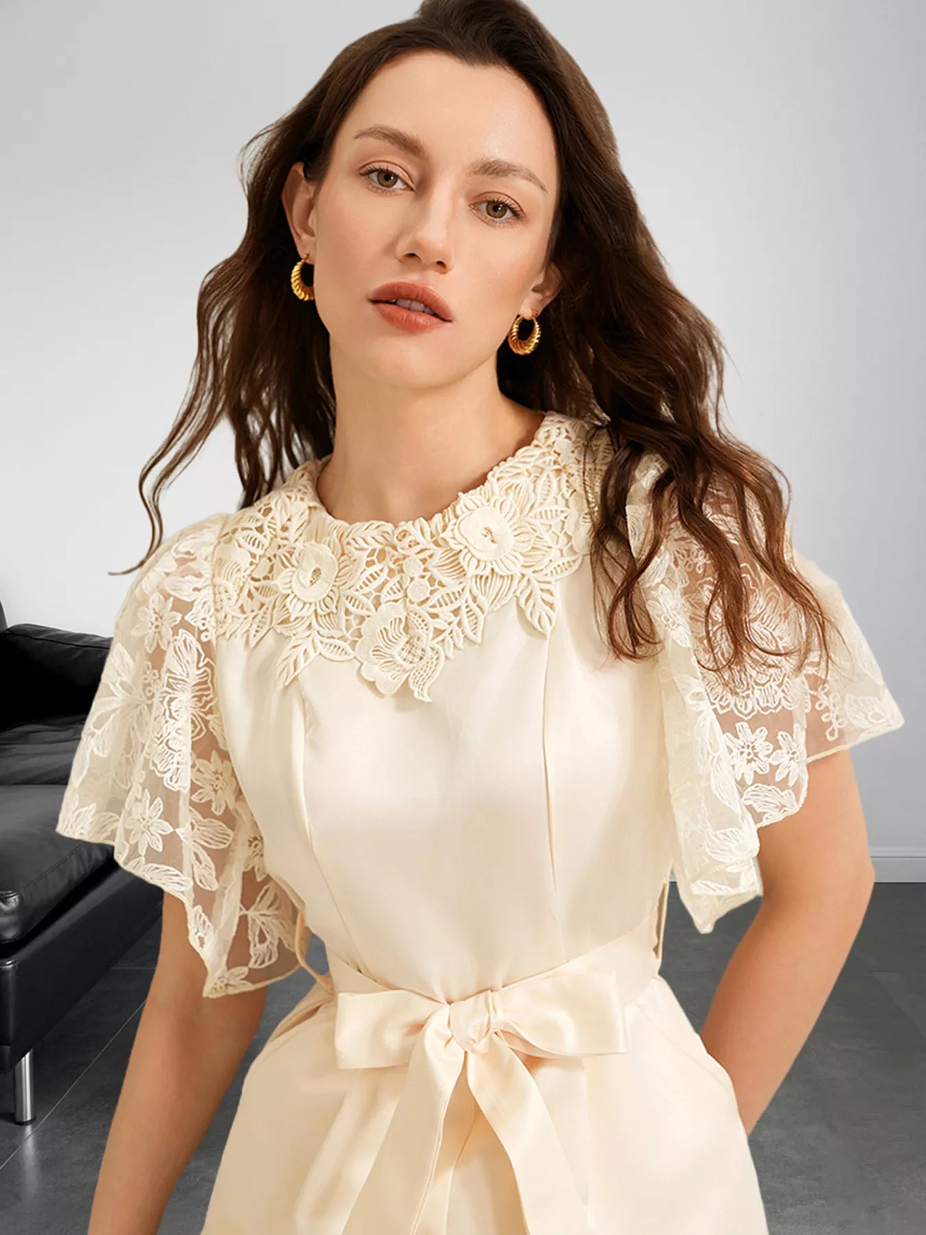 Lace Trim Belted Wide Leg Jumpsuit - SuzRevera