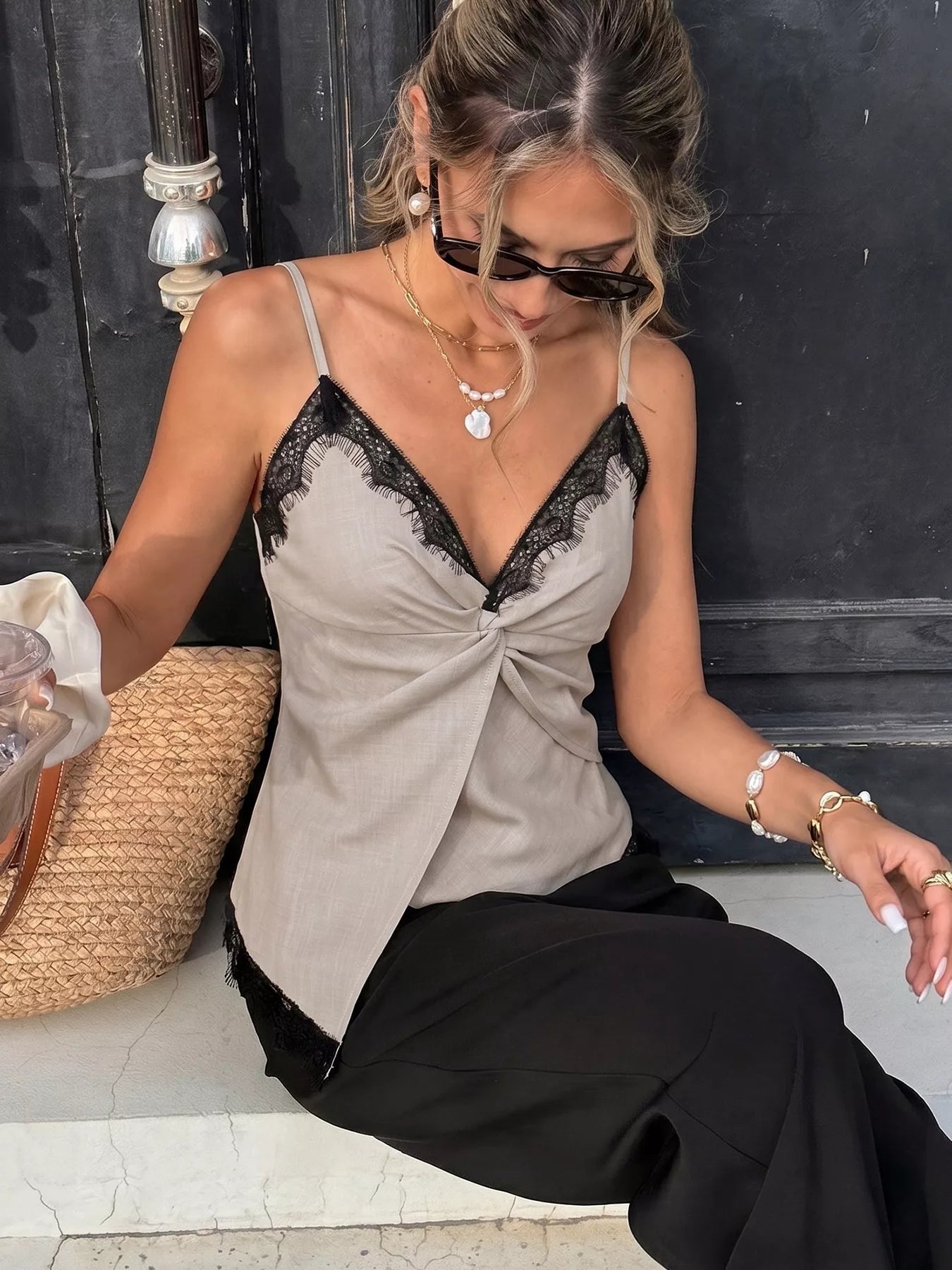 Lace Trim Twist Front Cami - SuzRevera