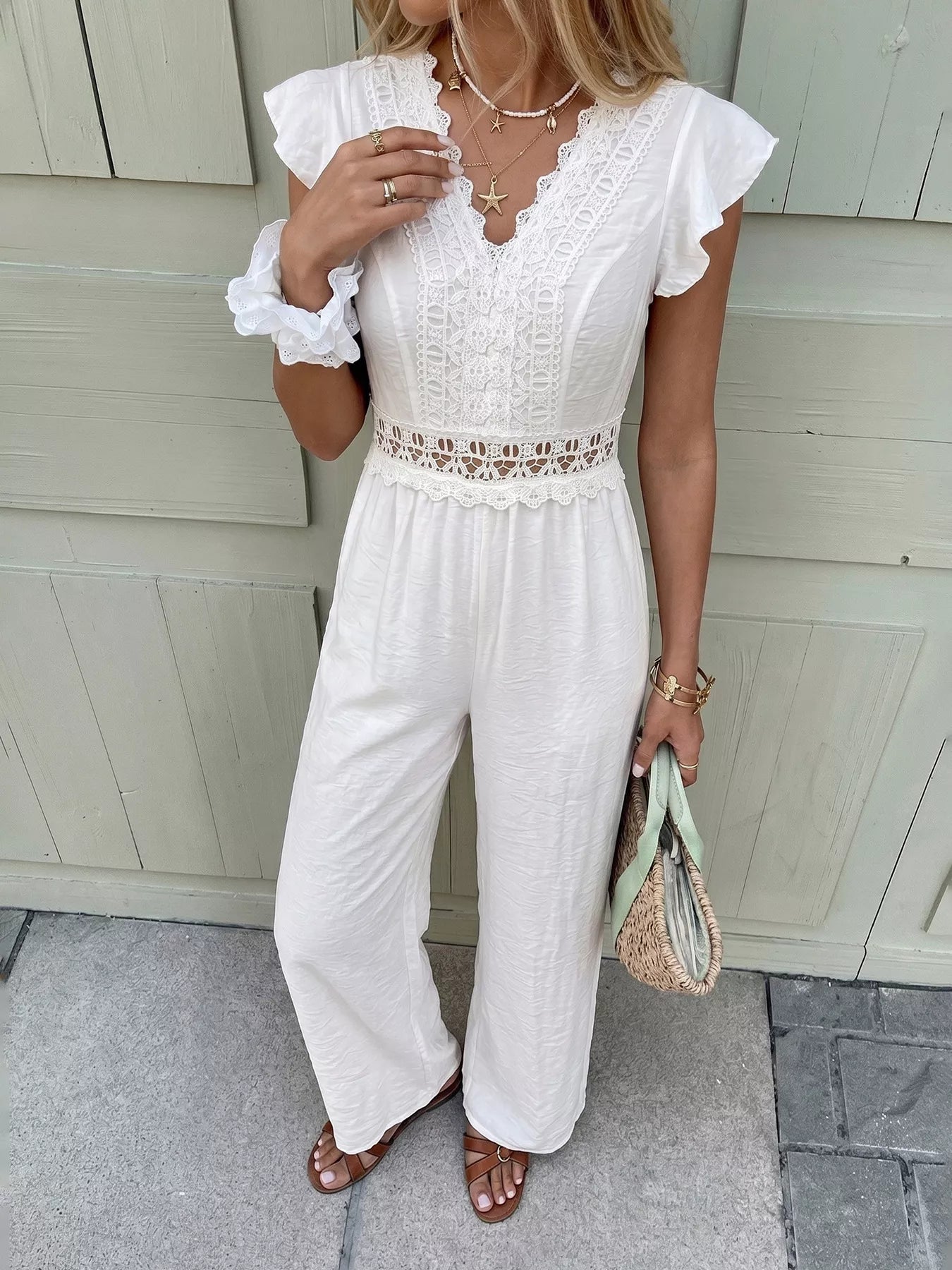 Lace Trim Wide Leg Jumpsuit - SuzRevera