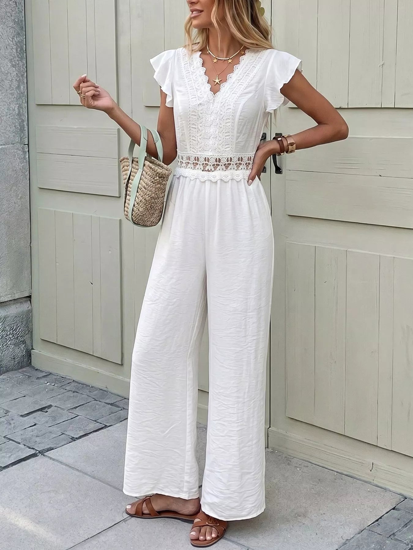 Lace Trim Wide Leg Jumpsuit - SuzRevera