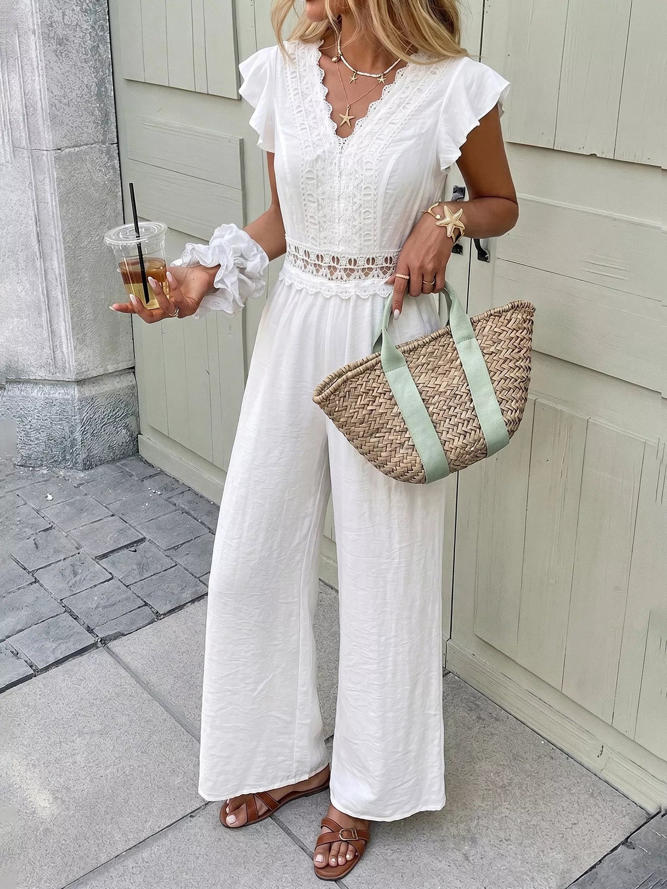 Lace Trim Wide Leg Jumpsuit - SuzRevera