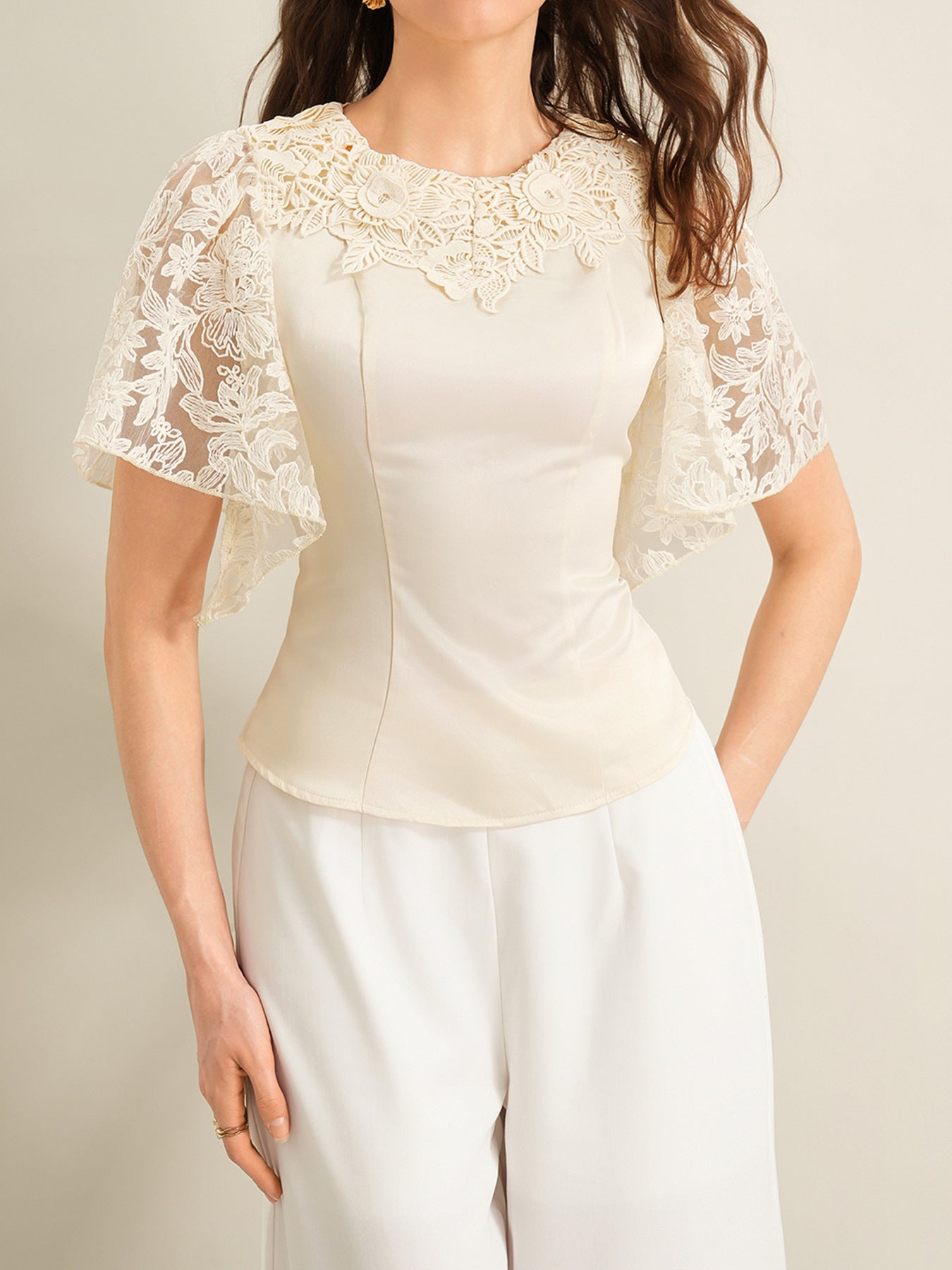 Lace Trimmed Short Sleeve Blouse - SuzRevera