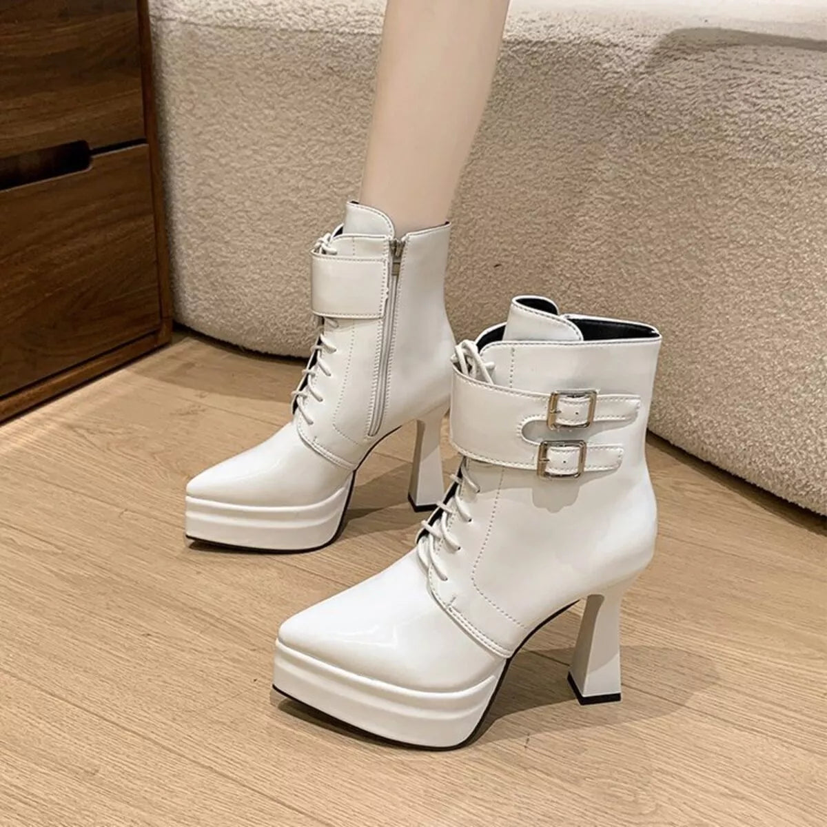 Lace Up Block Heels Boots - SuzRevera