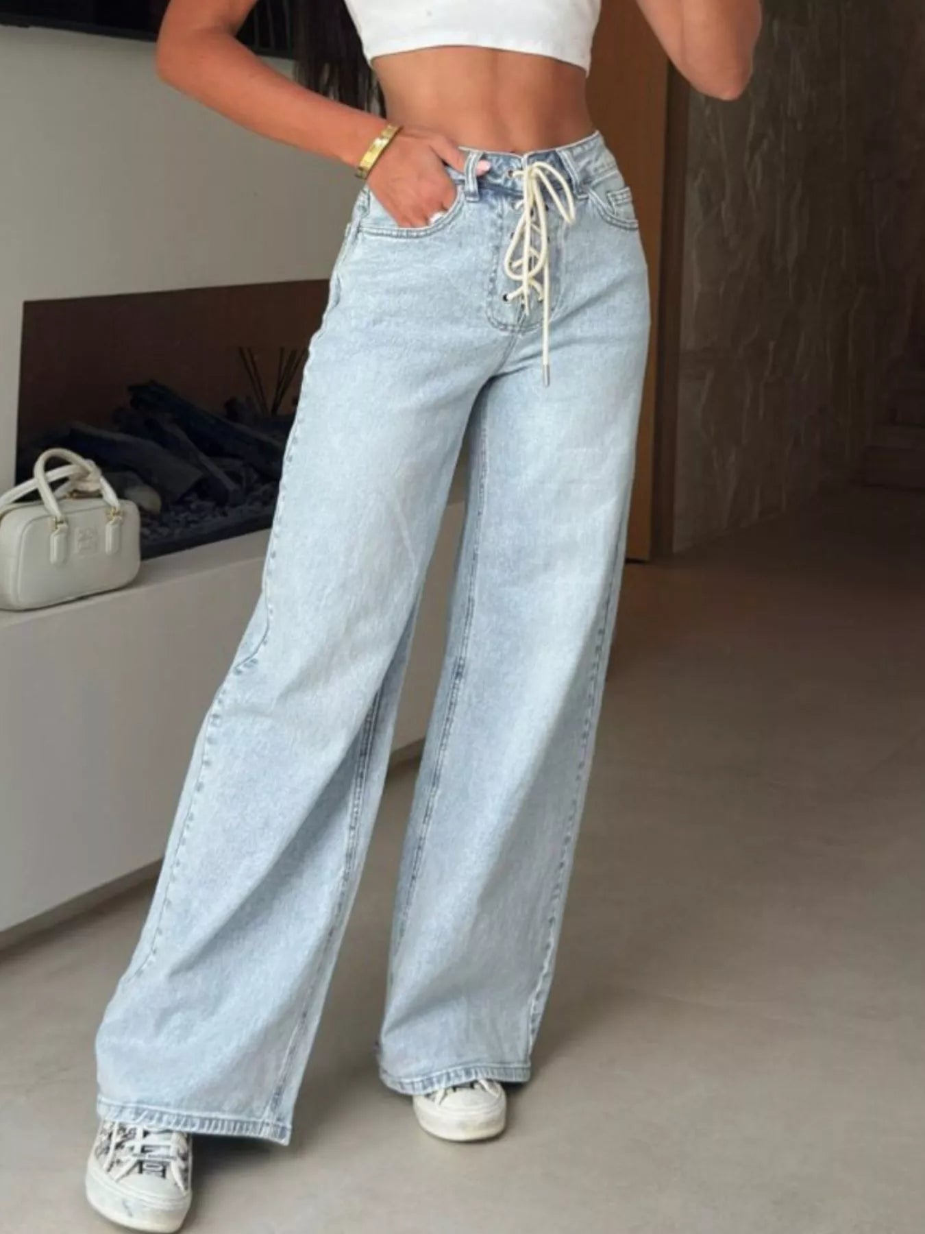 Lace - Up High - Waisted Wide Leg Jeans - SuzRevera
