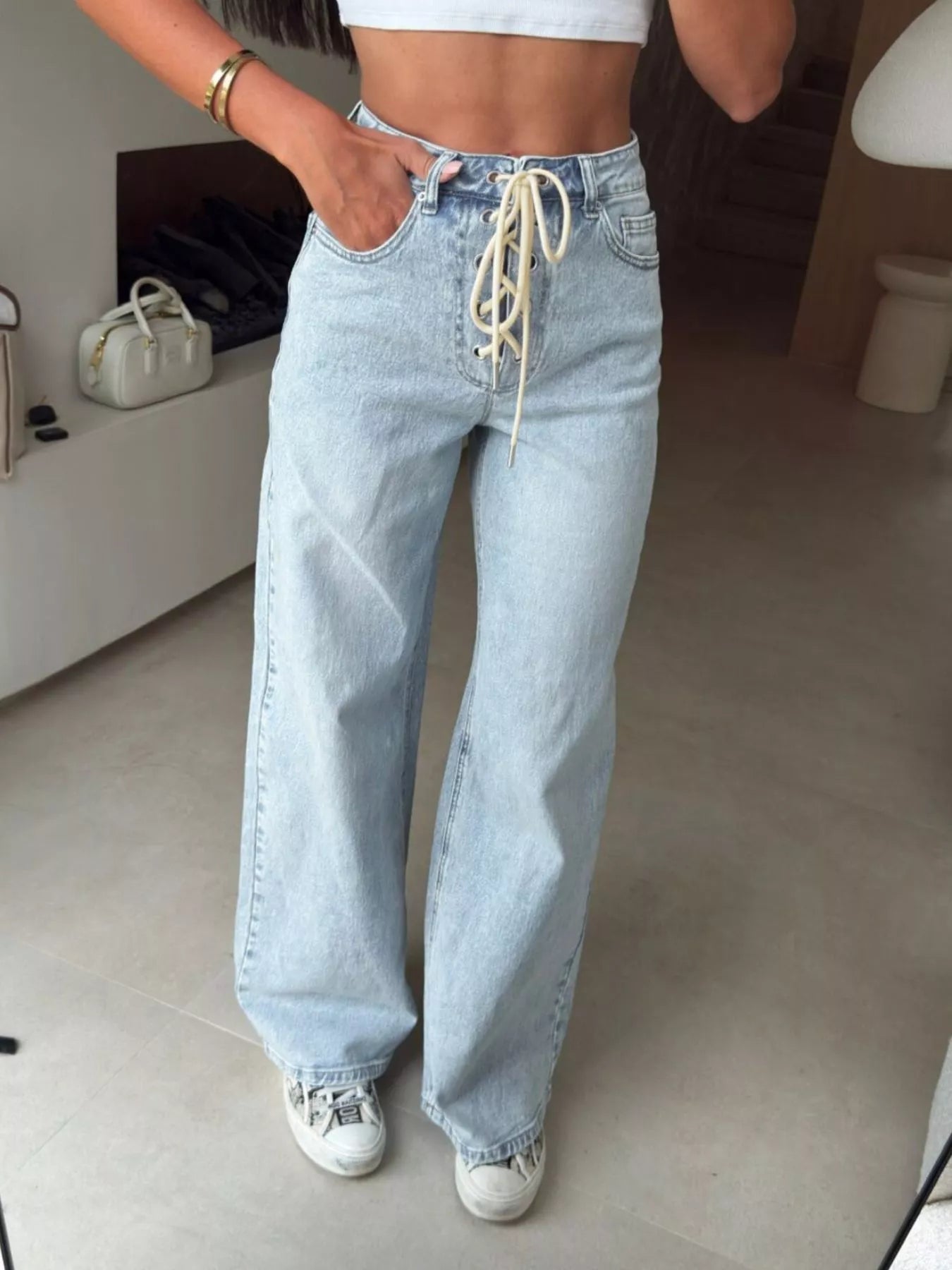 Lace - Up High - Waisted Wide Leg Jeans - SuzRevera