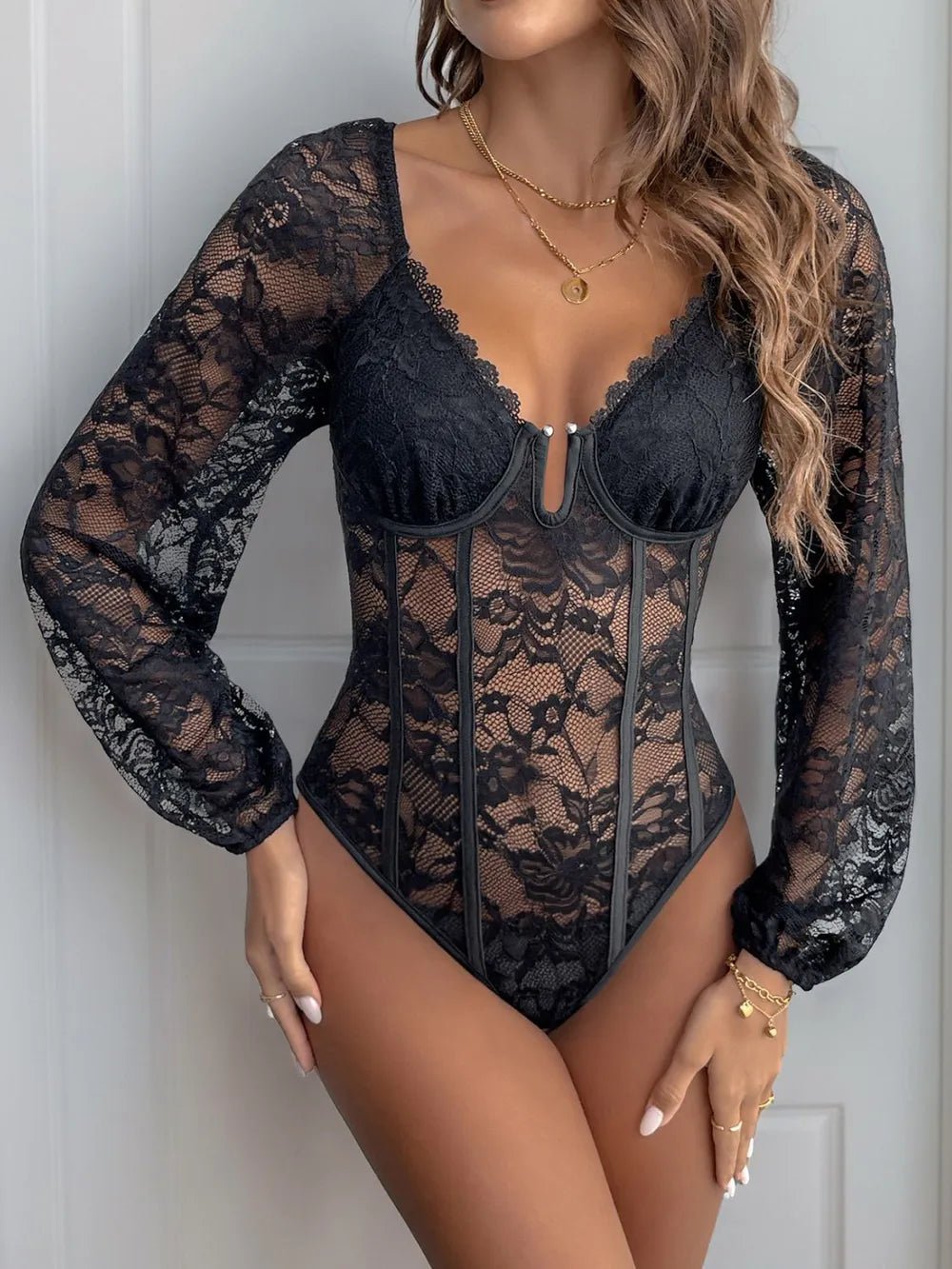Lace V - Neck Long Sleeve Bodysuit - SuzRevera