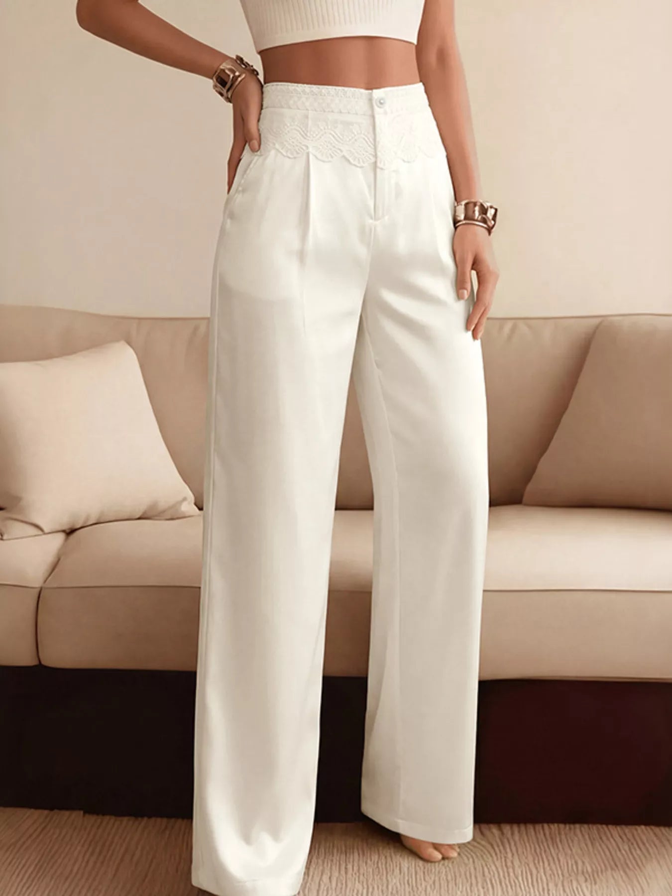 Lace Waist Wide Leg Pants - SuzRevera