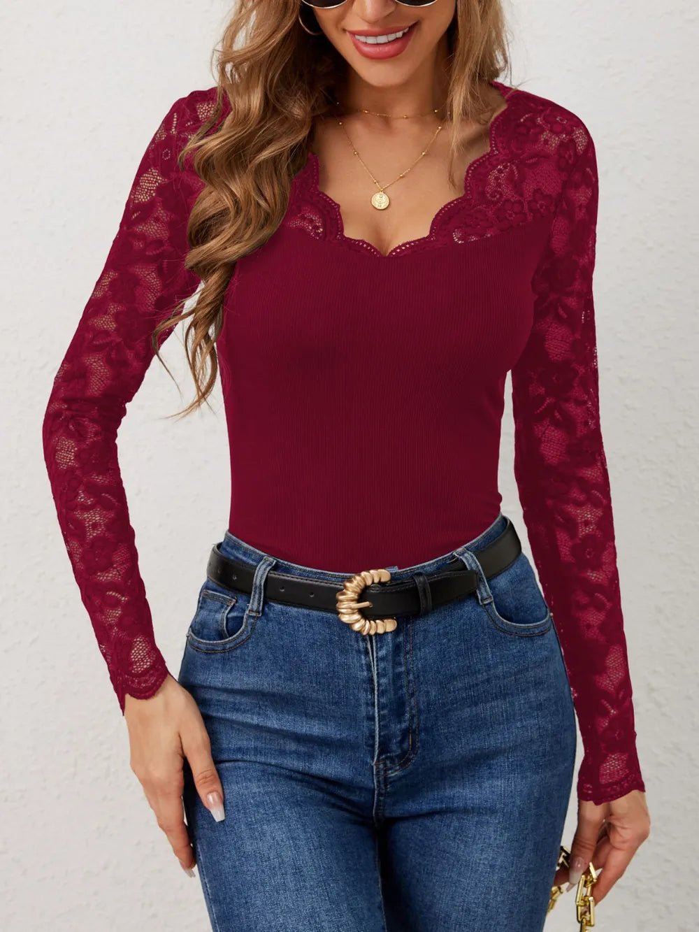 Lace Wavy Hem V-Neck Long Sleeve Top - SuzRevera