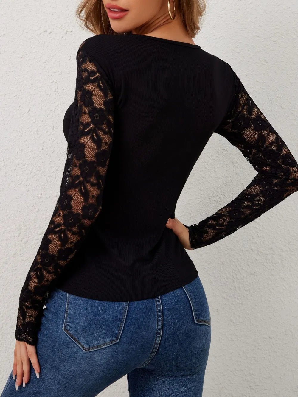 Lace Wavy Hem V-Neck Long Sleeve Top - SuzRevera