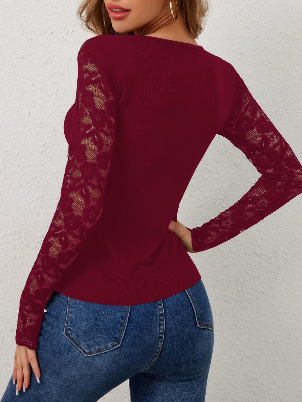 Lace Wavy Hem V-Neck Long Sleeve Top - SuzRevera