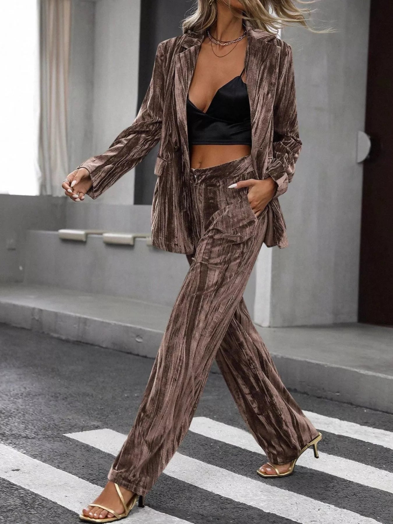 Lapel Collar Long Sleeve Blazer and Pants Set - SuzRevera