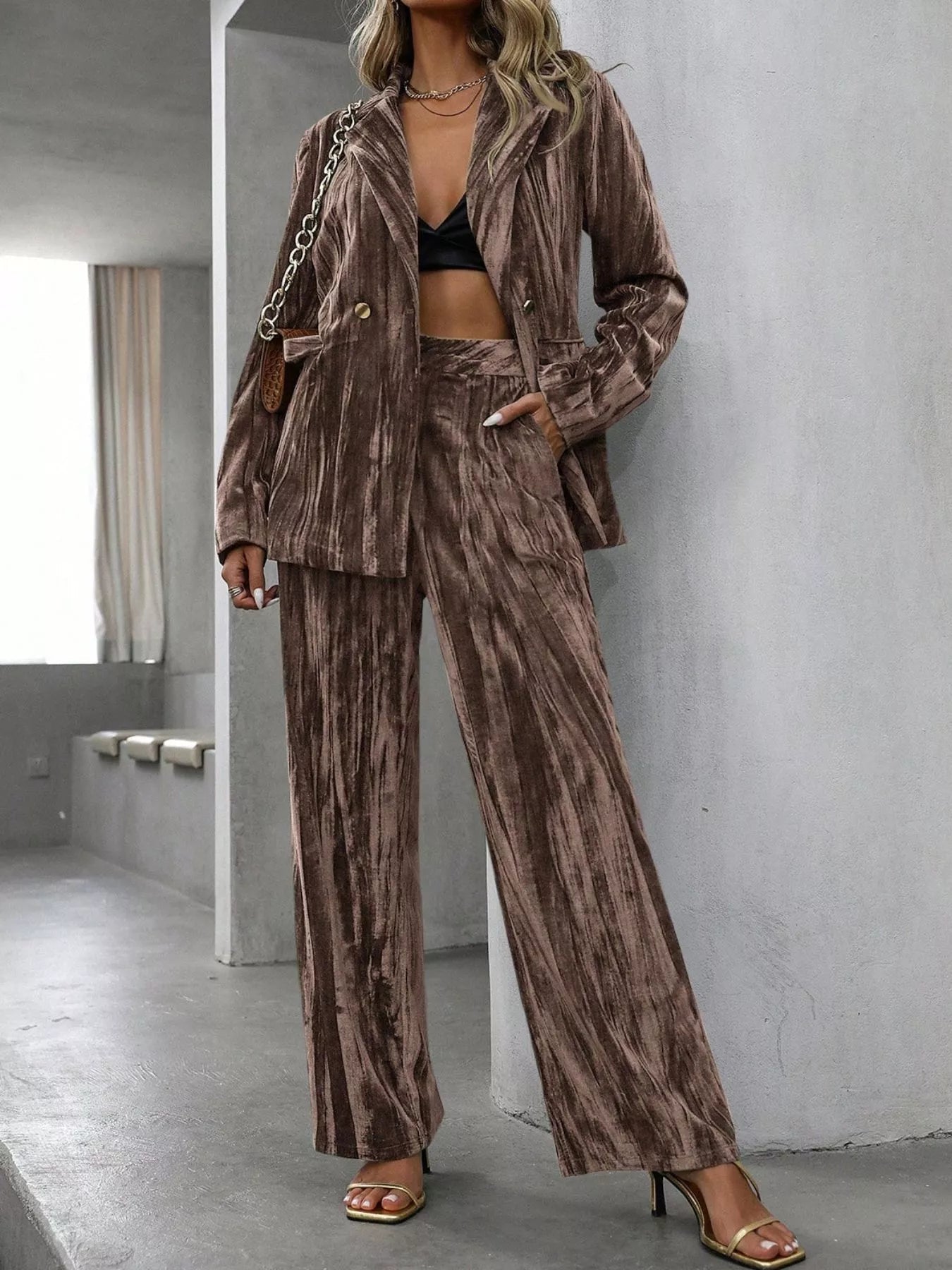 Lapel Collar Long Sleeve Blazer and Pants Set - SuzRevera