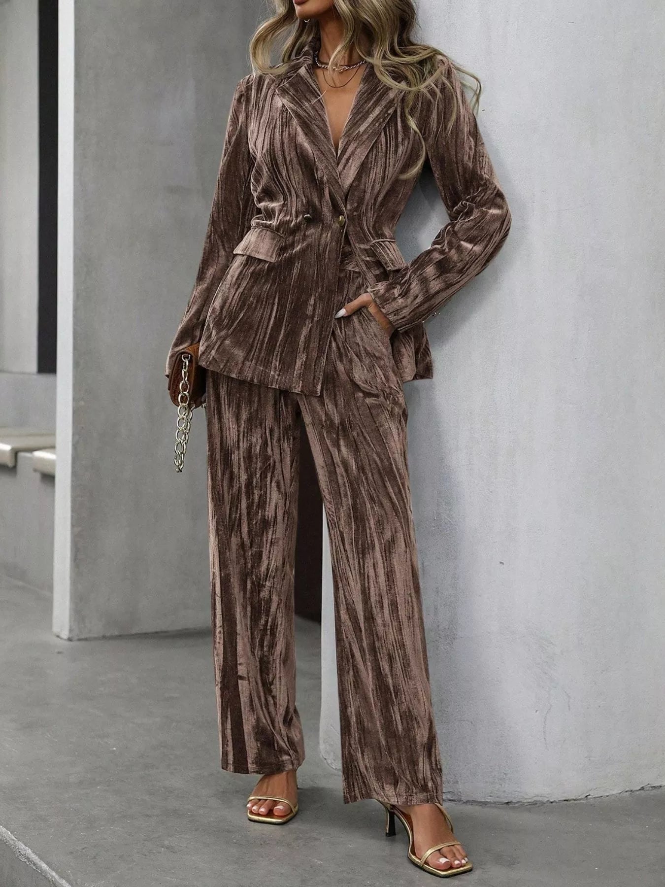 Lapel Collar Long Sleeve Blazer and Pants Set - SuzRevera