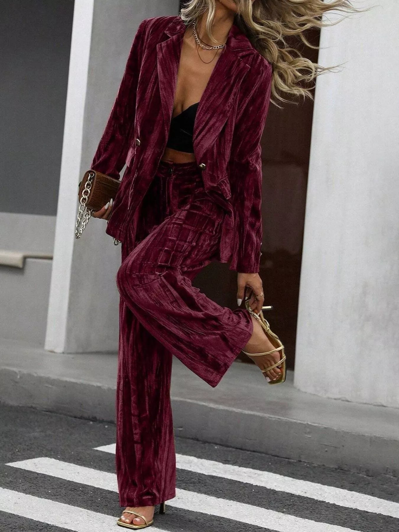 Lapel Collar Long Sleeve Blazer and Pants Set - SuzRevera