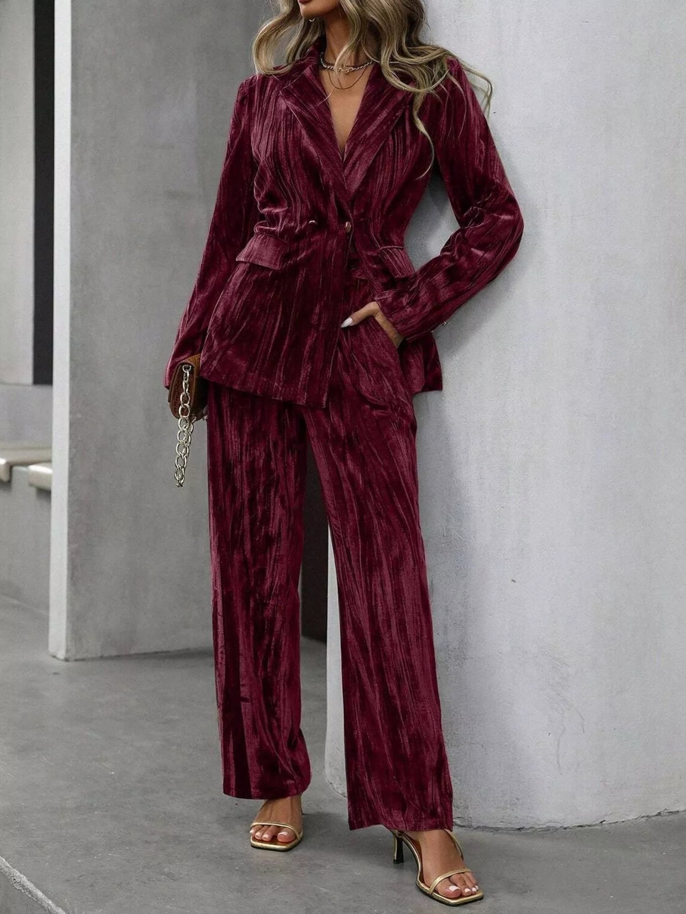 Lapel Collar Long Sleeve Blazer and Pants Set - SuzRevera
