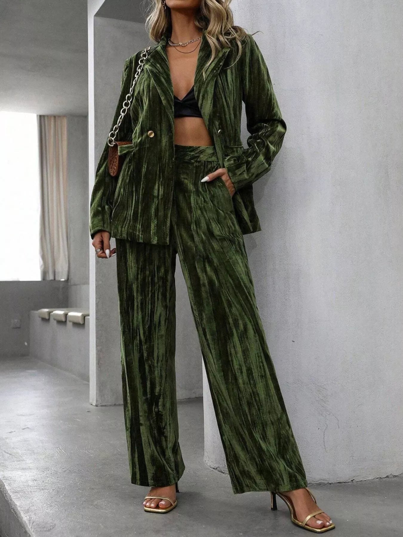 Lapel Collar Long Sleeve Blazer and Pants Set - SuzRevera