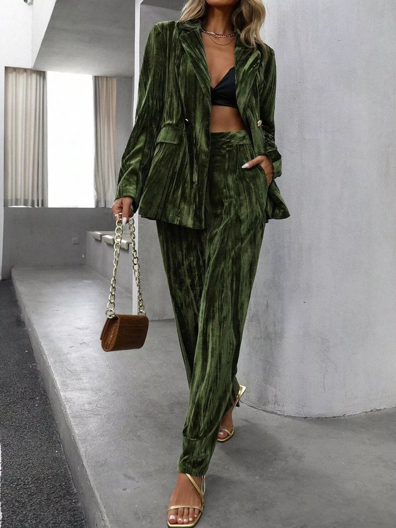 Lapel Collar Long Sleeve Blazer and Pants Set - SuzRevera