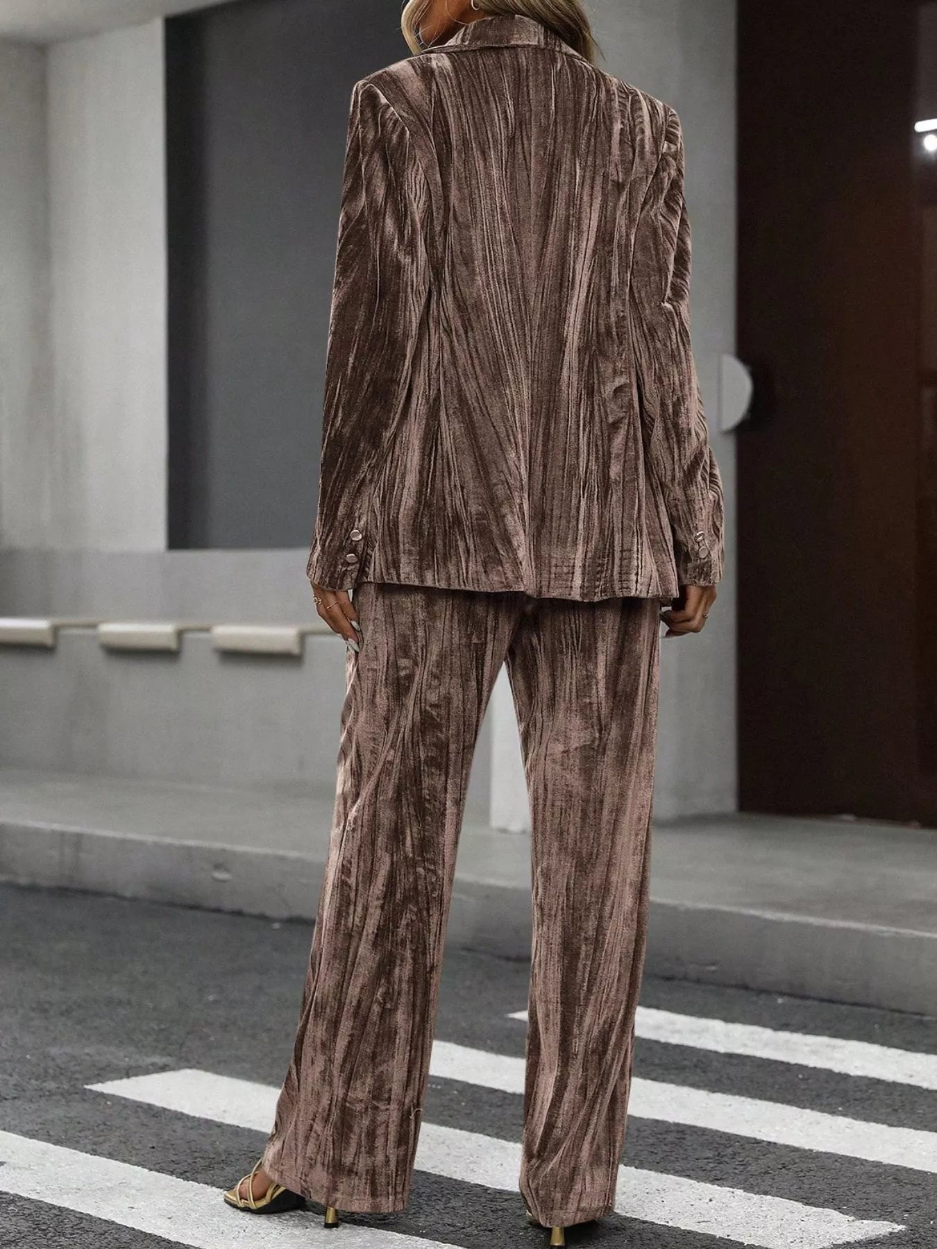 Lapel Collar Long Sleeve Blazer and Pants Set - SuzRevera