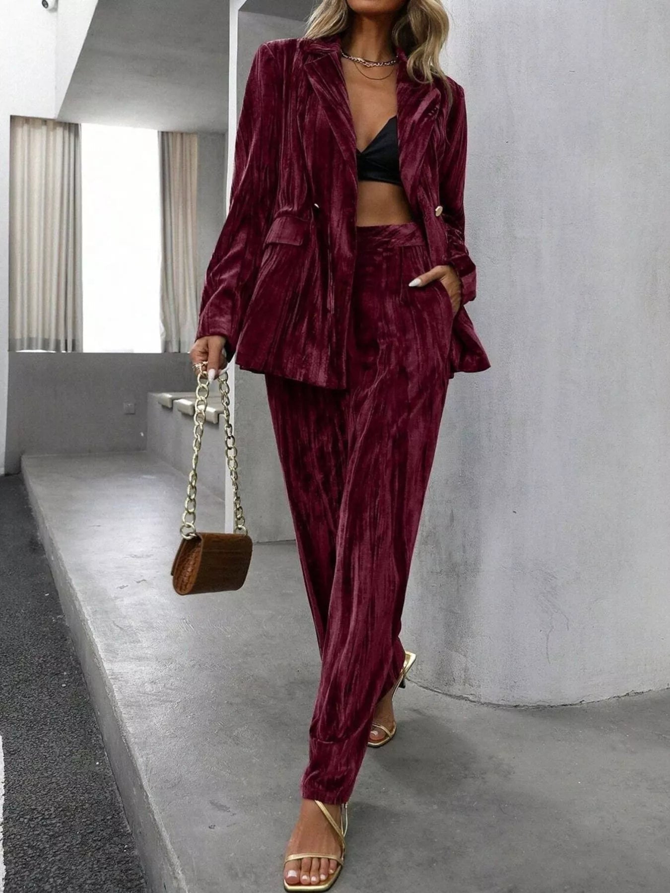 Lapel Collar Long Sleeve Blazer and Pants Set - SuzRevera