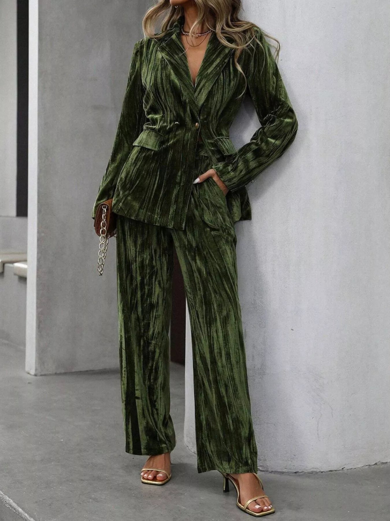 Lapel Collar Long Sleeve Blazer and Pants Set - SuzRevera