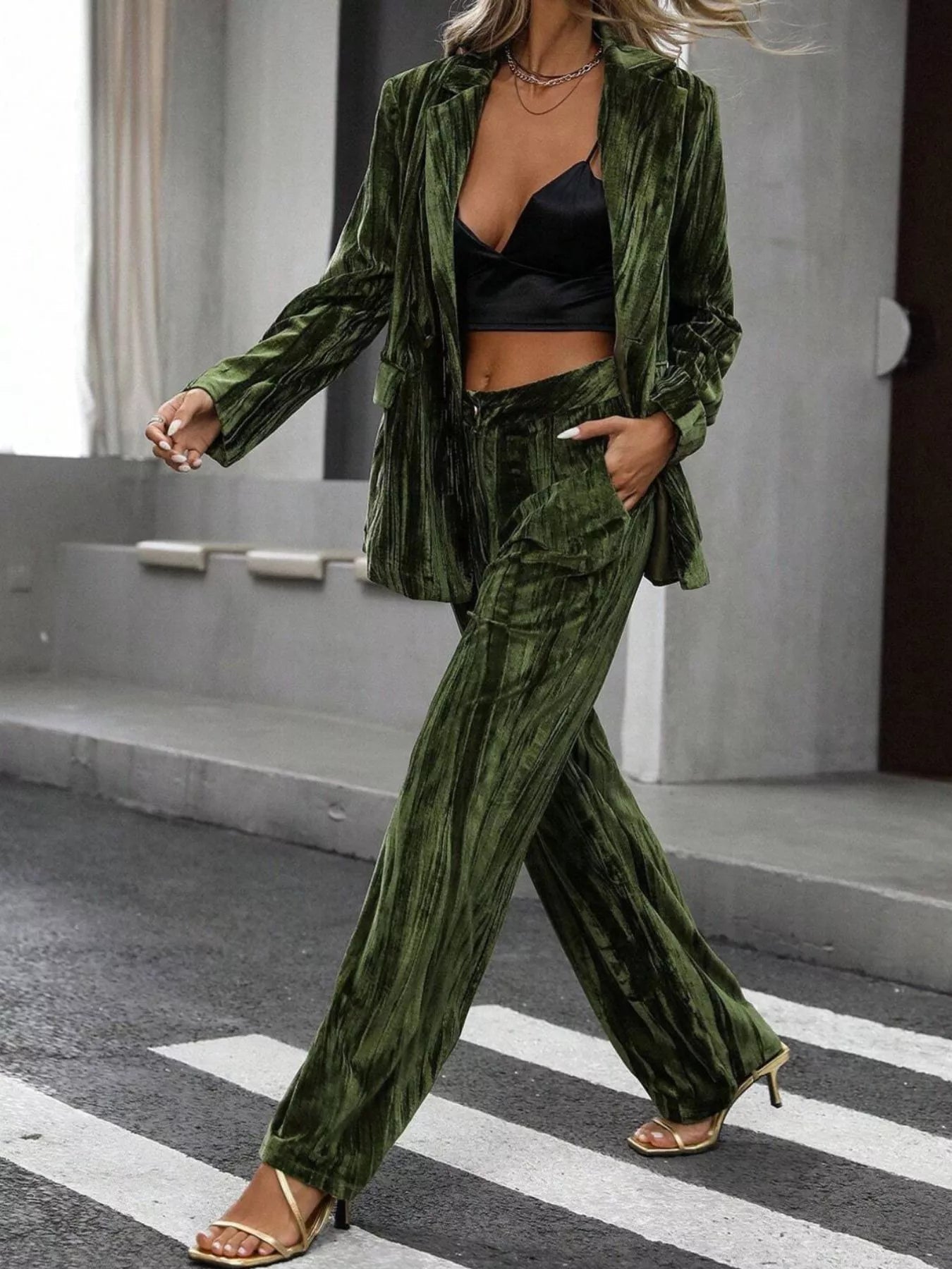 Lapel Collar Long Sleeve Blazer and Pants Set - SuzRevera