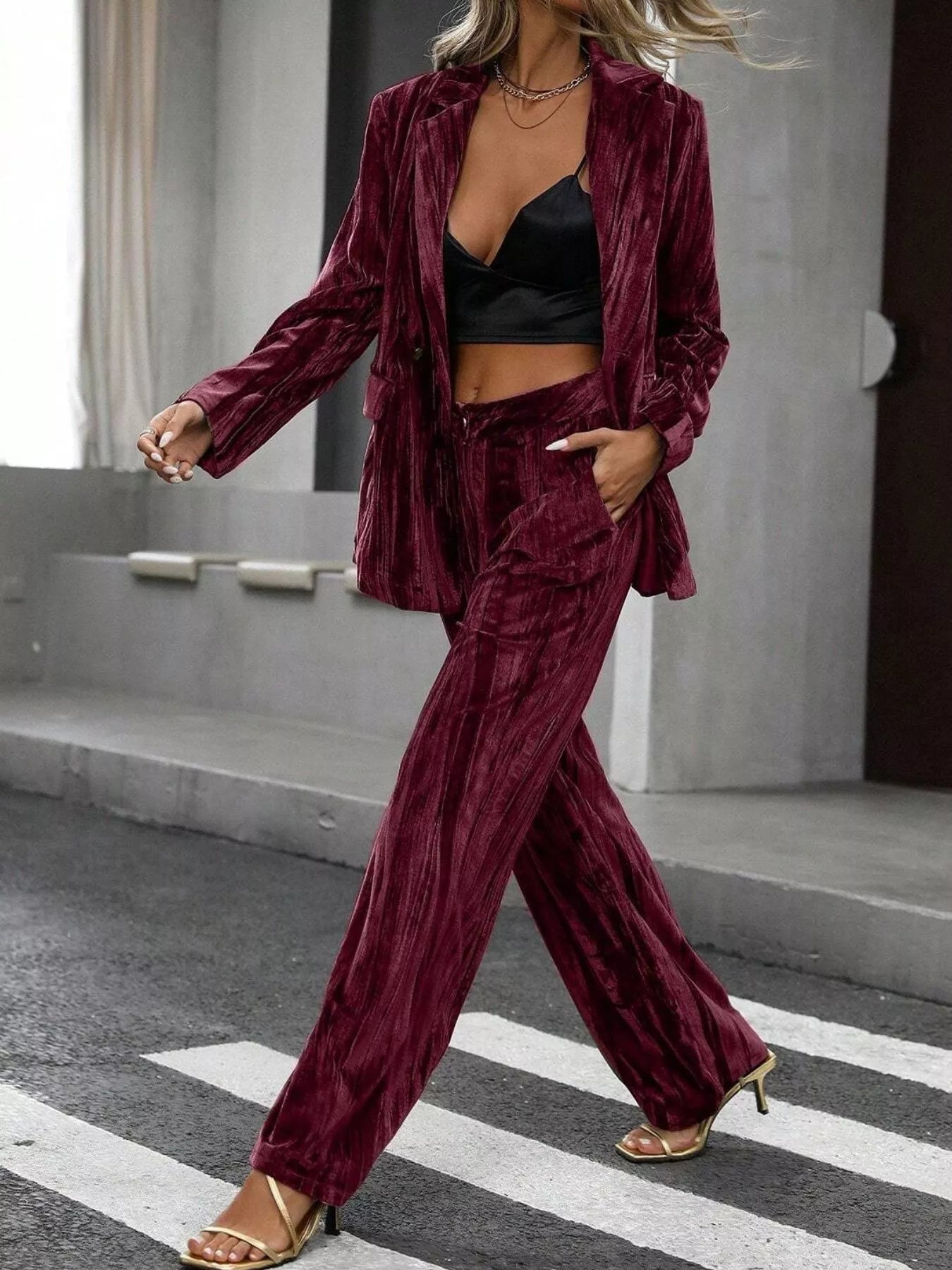 Lapel Collar Long Sleeve Blazer and Pants Set - SuzRevera