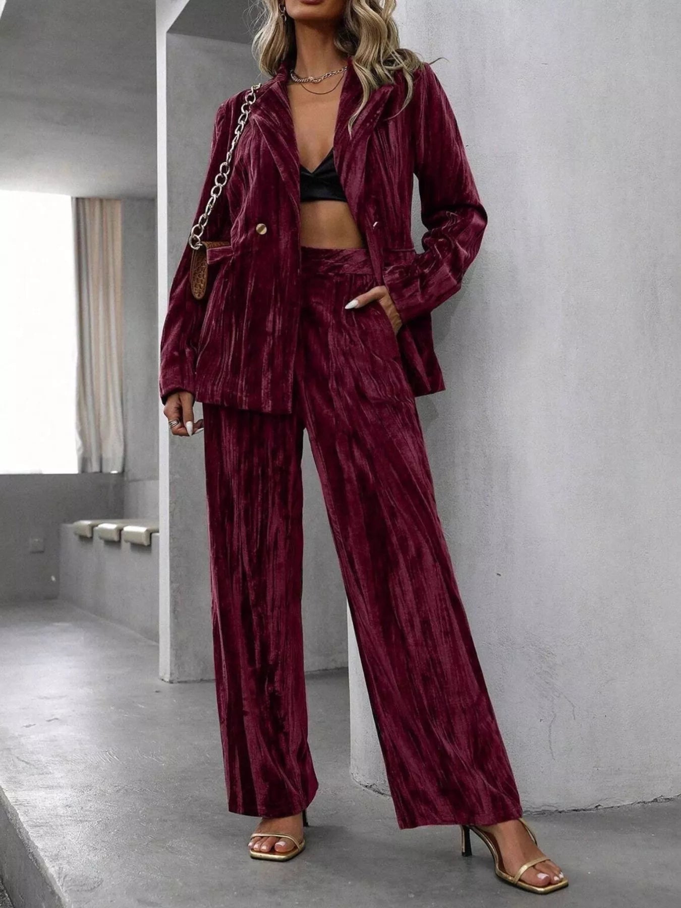 Lapel Collar Long Sleeve Blazer and Pants Set - SuzRevera