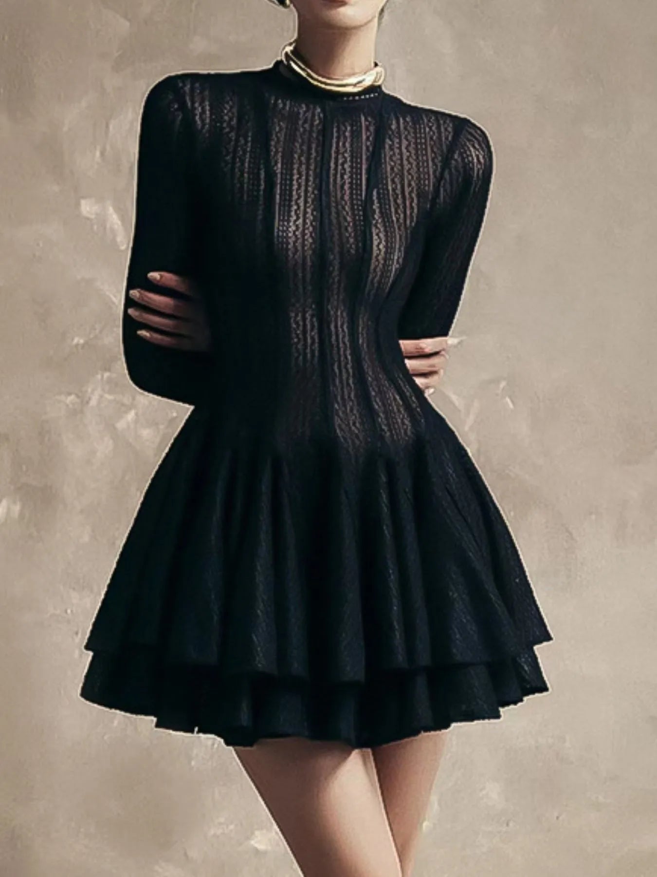Layered Round Neck Long Sleeve Dress - SuzRevera