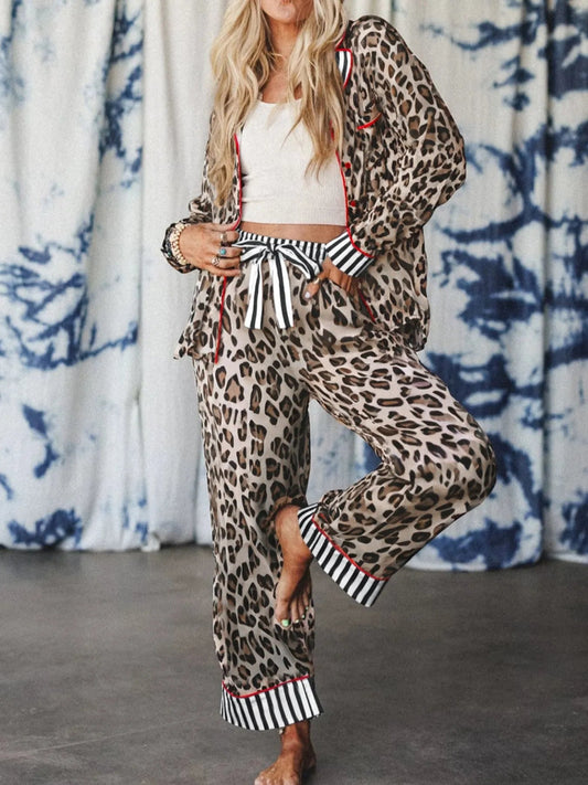 Leopard and Striped Trim Shirt and Pants Set - SuzRevera