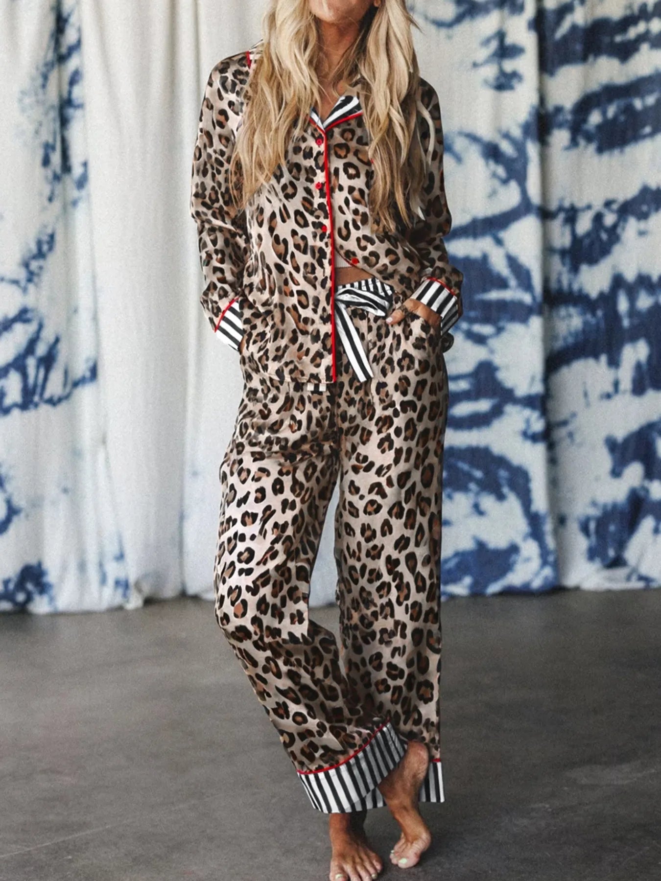 Leopard and Striped Trim Shirt and Pants Set - SuzRevera
