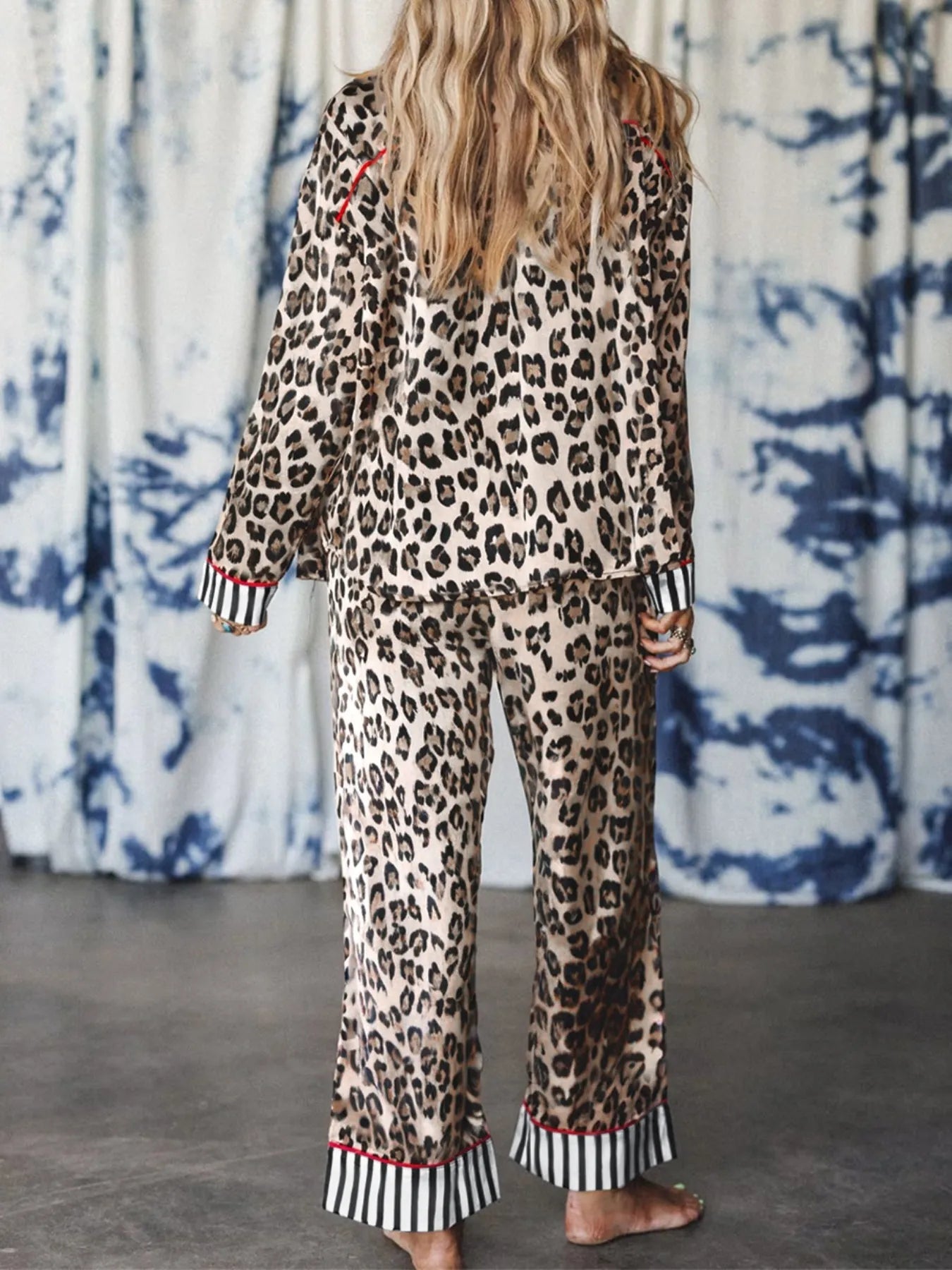 Leopard and Striped Trim Shirt and Pants Set - SuzRevera