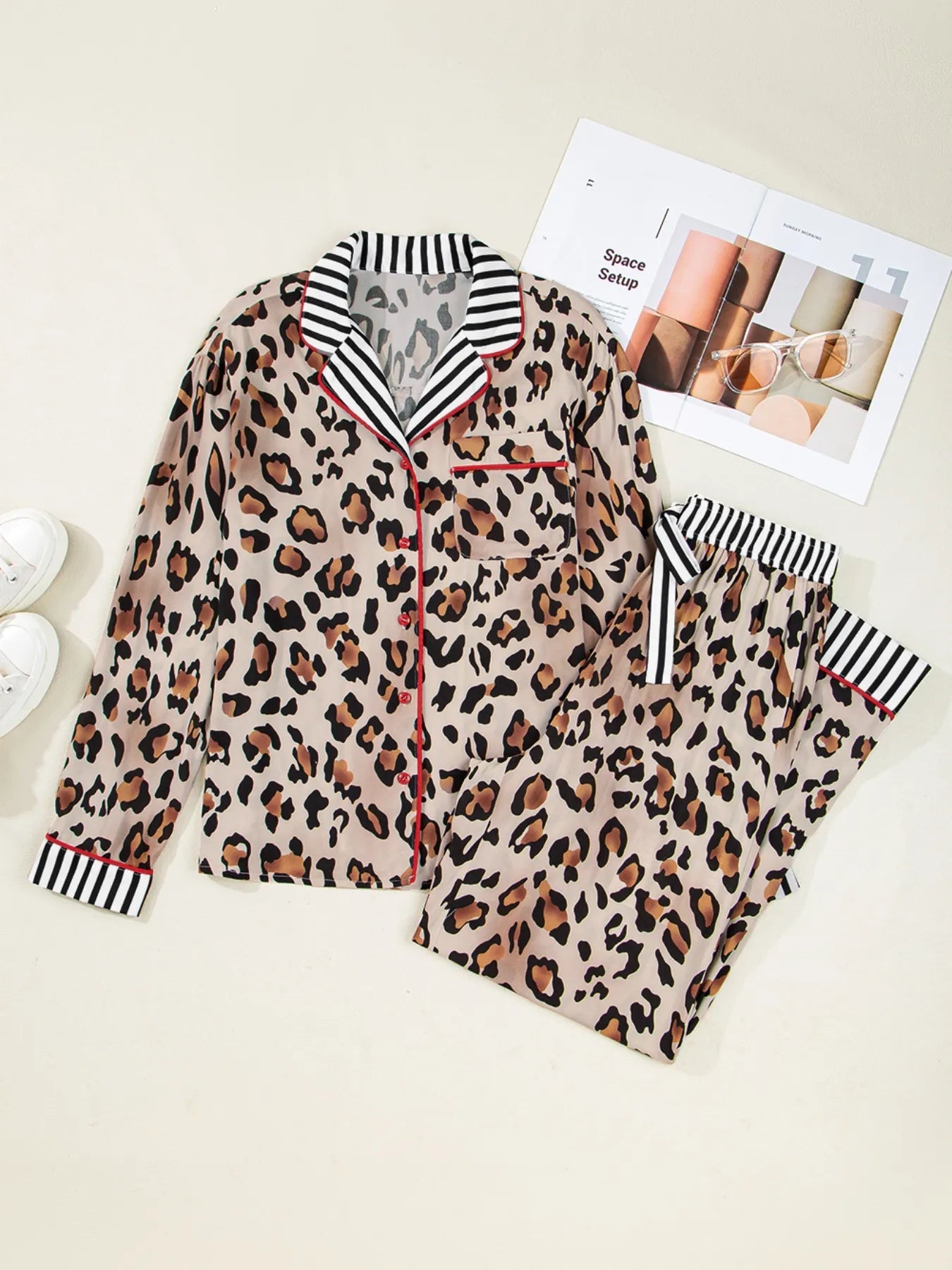 Leopard and Striped Trim Shirt and Pants Set - SuzRevera