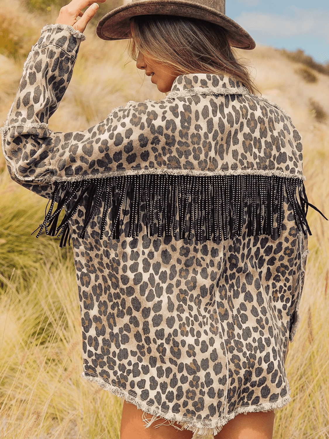 Leopard Fringe Detail Collared Neck Denim Jacket - SuzRevera
