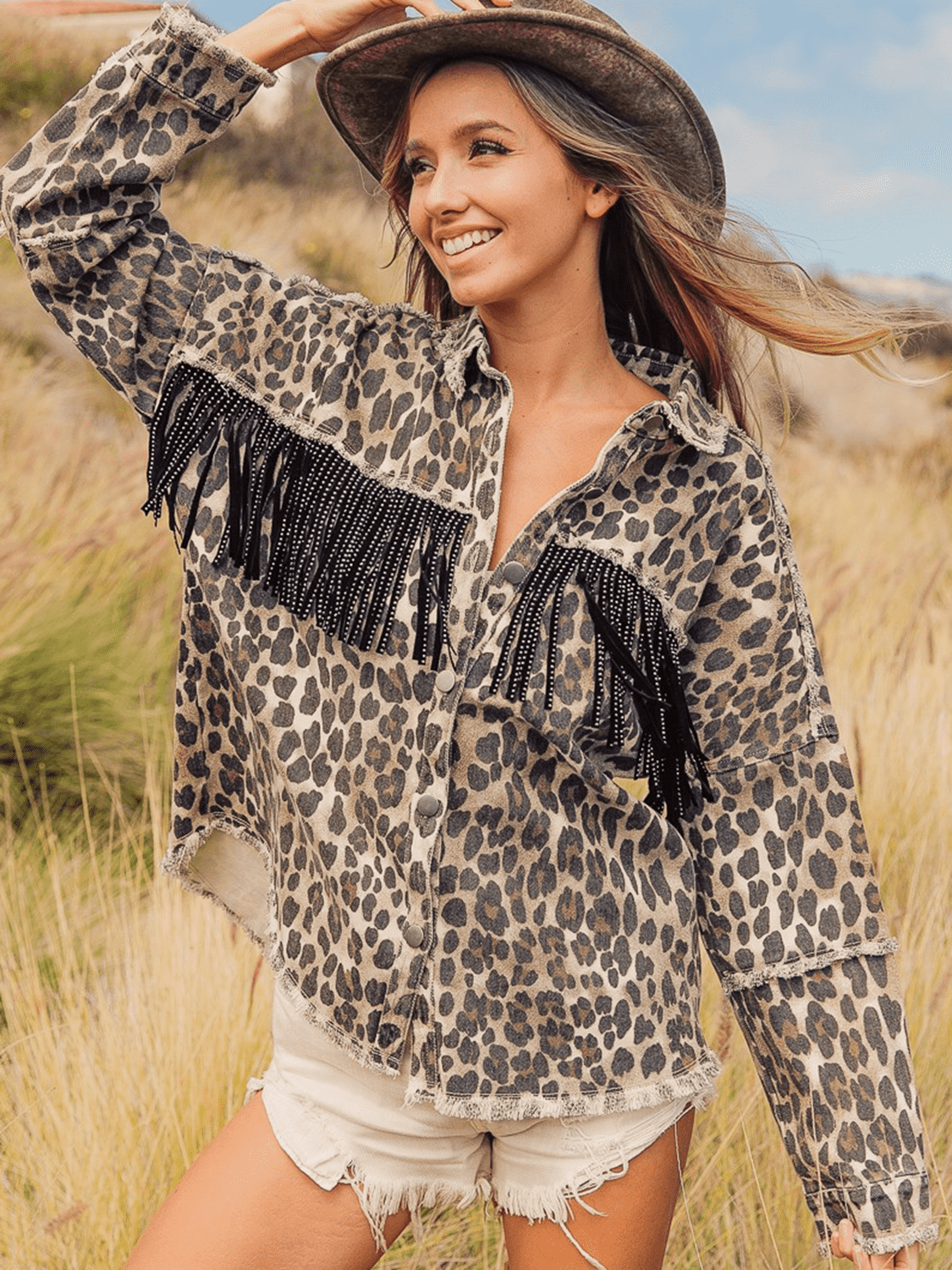 Leopard Fringe Detail Collared Neck Denim Jacket - SuzRevera