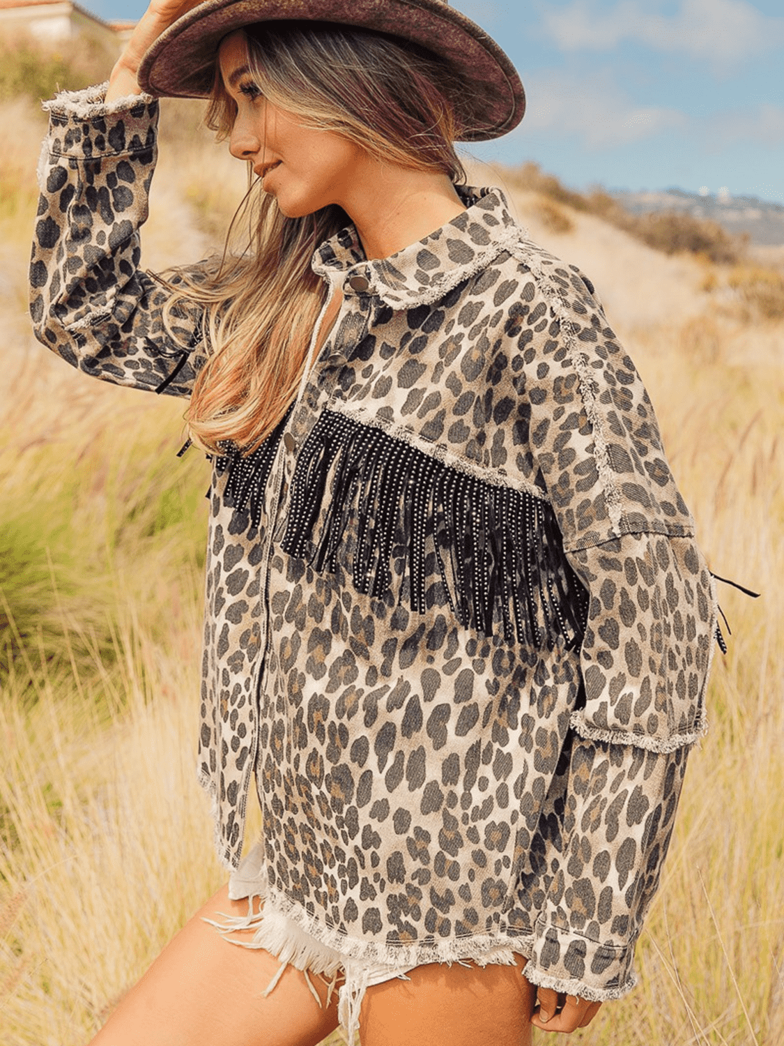 Leopard Fringe Detail Collared Neck Denim Jacket - SuzRevera