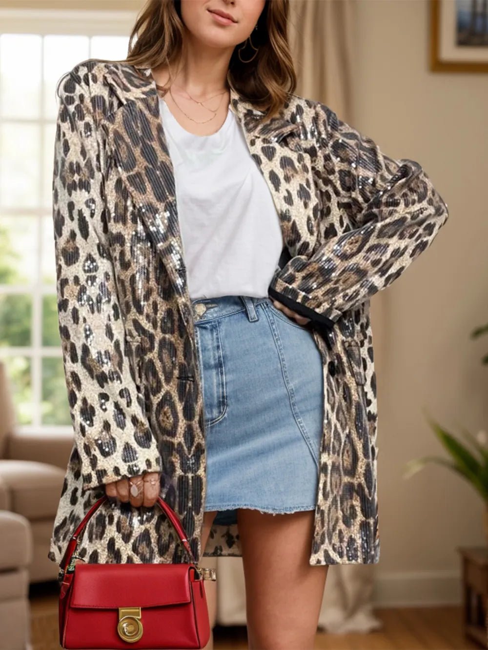 Leopard Lapel Collar Long Sleeve Longline Blazer - SuzRevera