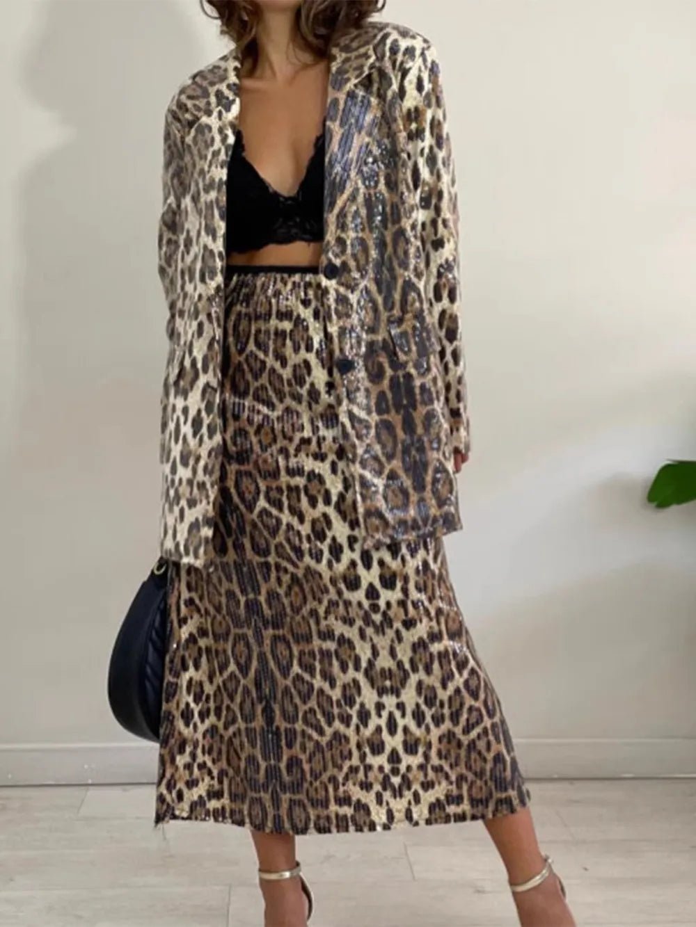 Leopard Lapel Collar Long Sleeve Longline Blazer - SuzRevera